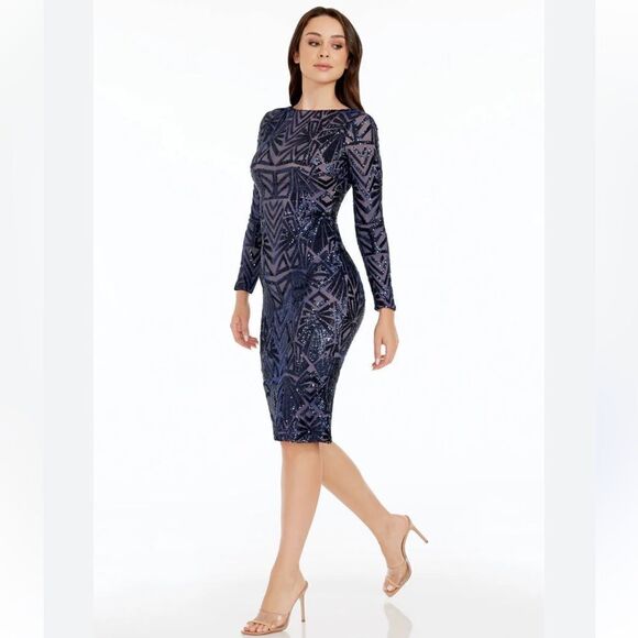 Dress the Population Emery Long Sleeve Stretch Sequin Midi Sheath NWT $298 - Picture 1 of 9